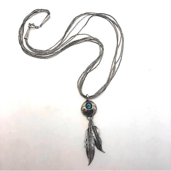 Vtg Navajo Sterling & Turquoise & Feather Pendant Liquid Silver Chain 20” + 2.5” - Picture 2 of 8